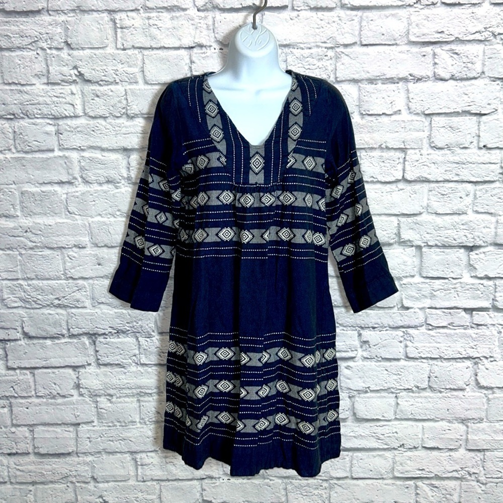 Pink Chicken Small Blue and White Boho Embroidered Mini Dress